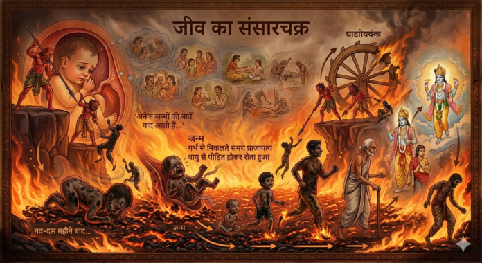 According to one's sins, into which form of life is a human being born, and which hells must they endure