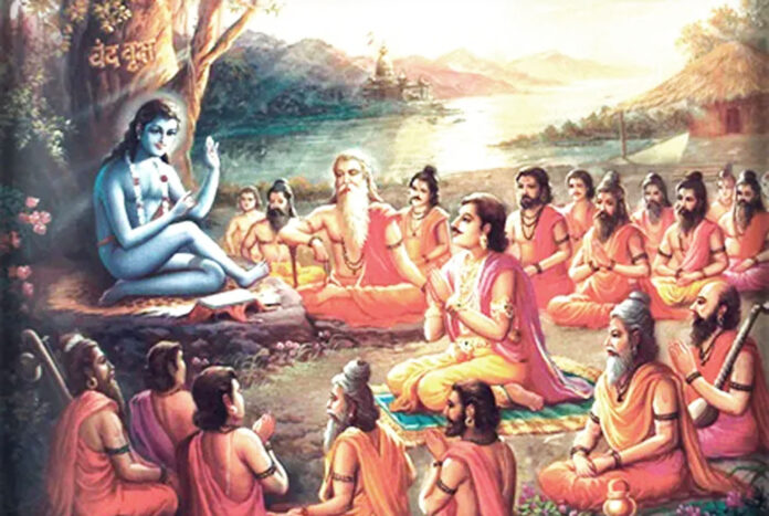 Sut Ji son of Ved Vyasa is narrating the stories of the Puranas to the sages